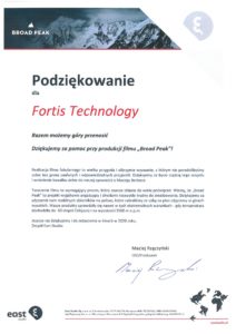 Podziekowanie od East Studio dla Fortis Technology Broad Peak - zbiorniki Turtle